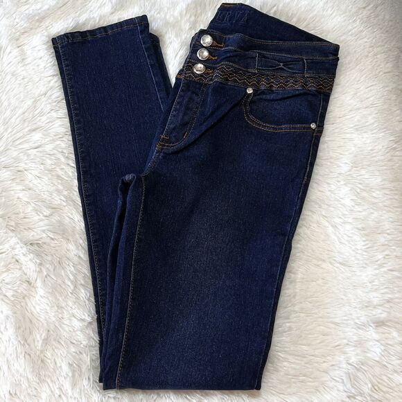 MINERVA CLOTHING Women's Jeans Sz 9 Navy 3 Pockets Stretch Embroidery Rhinestone - Picture 6 of 13